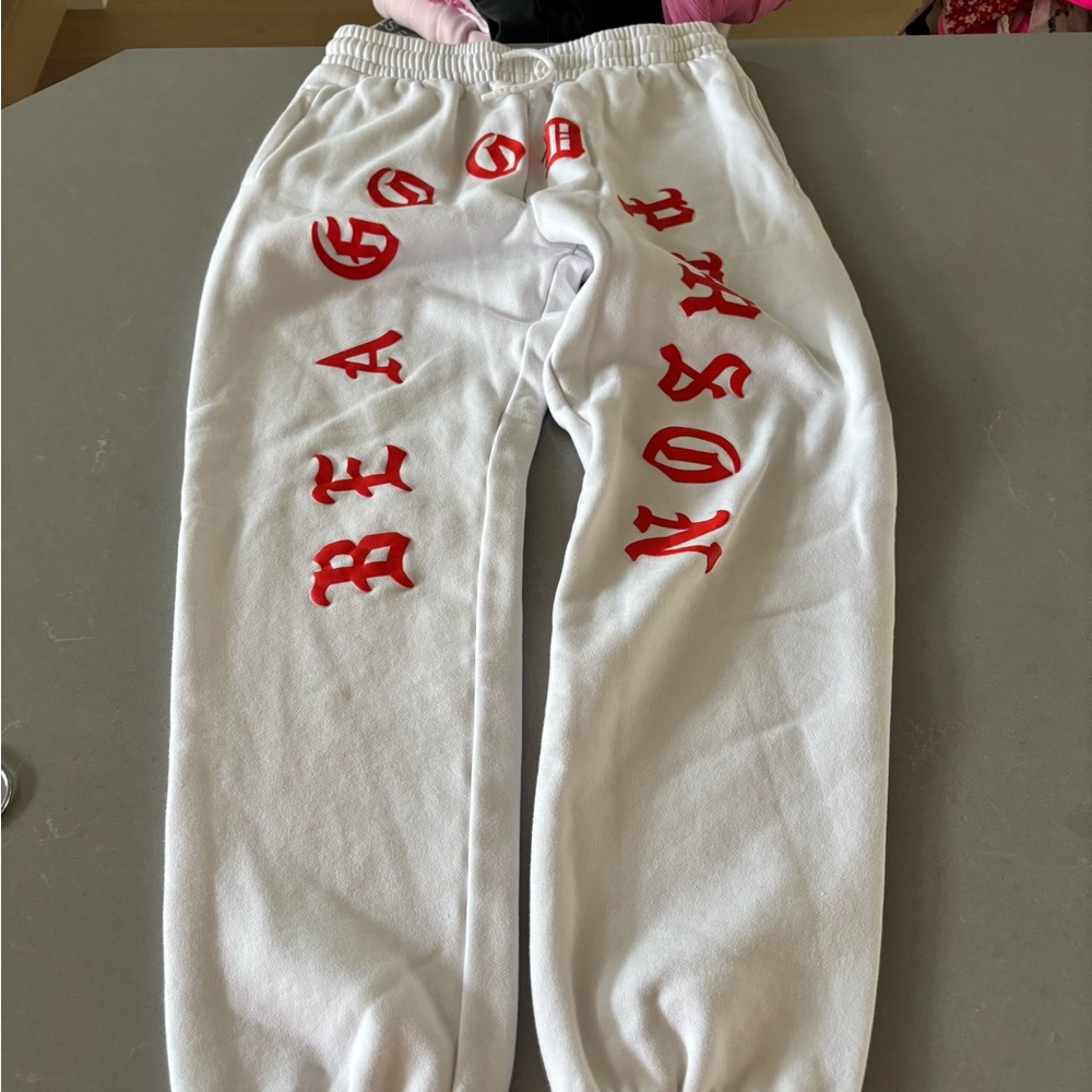 Be a Good Person White Joggers with Red Graphic Print